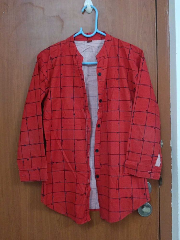 Red Checked Mandarin Collar Shirt