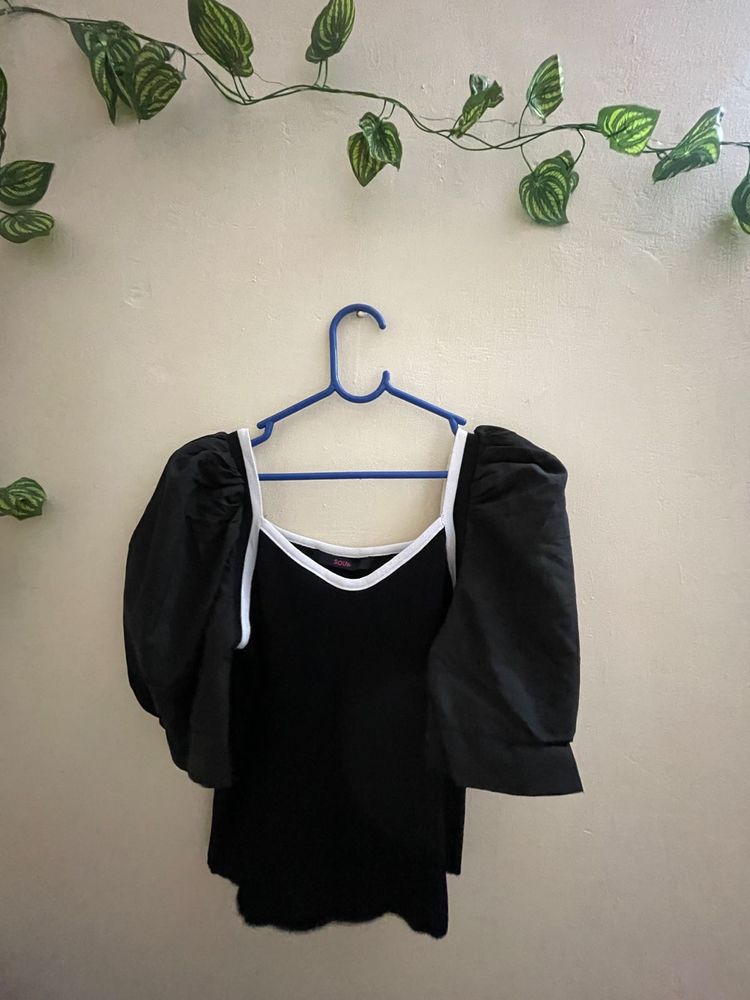 Korean Brand SOUP Black Puff Sleeve Ribbed Top |