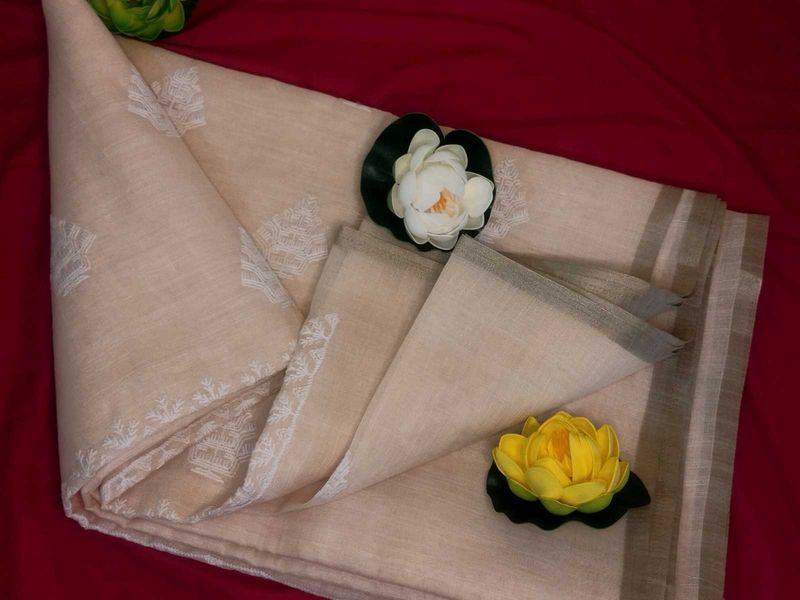 Elegant Beige Saree with White Embroidery