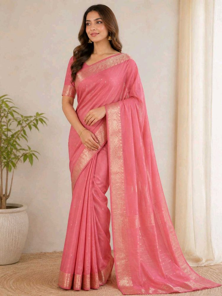Coral Pink Silk Saree with Silver Border