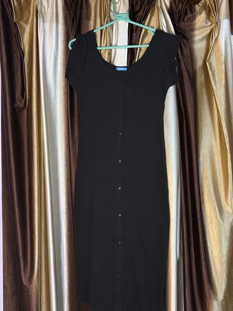 Sleek Black Button-Up Midi Dress