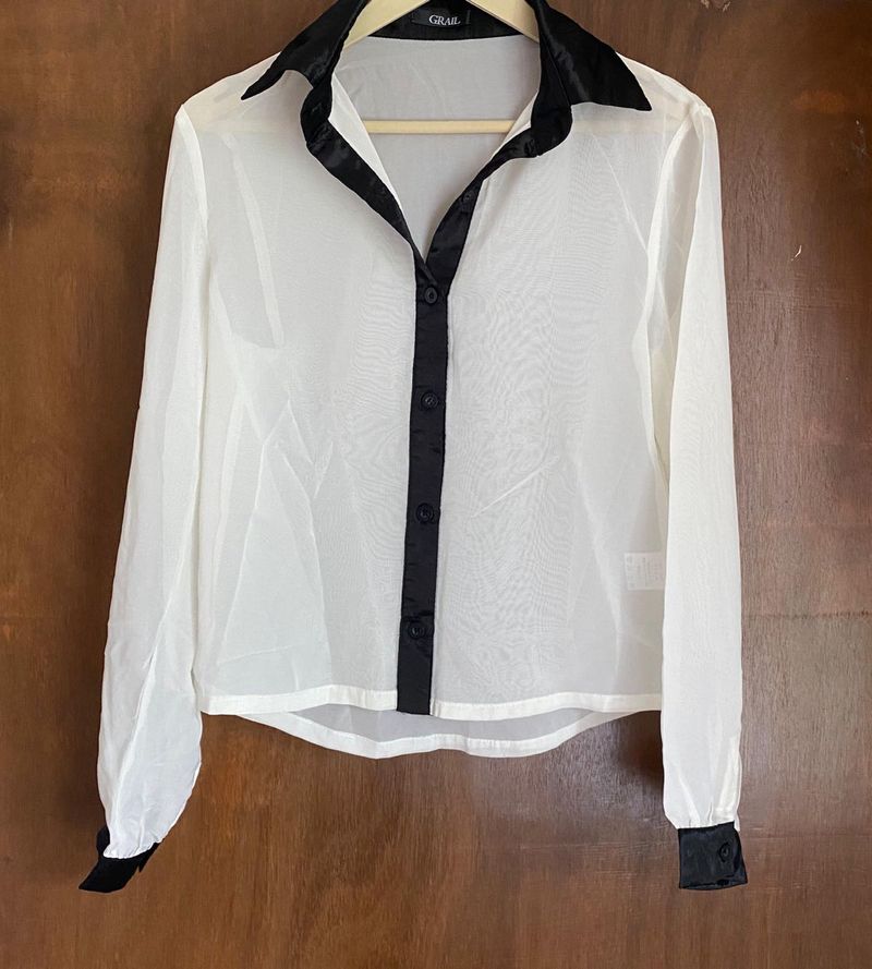 Sheer White Collared Button-Up Blouse
