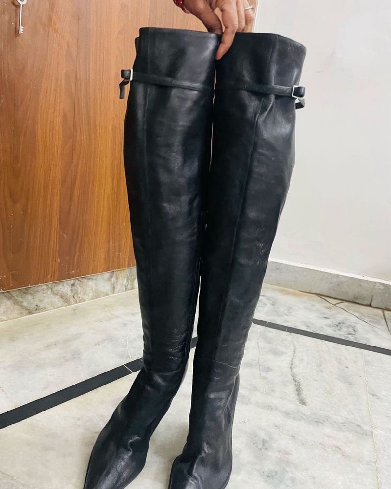 Italian Black Leather Pencil Over-the-Knee Boots