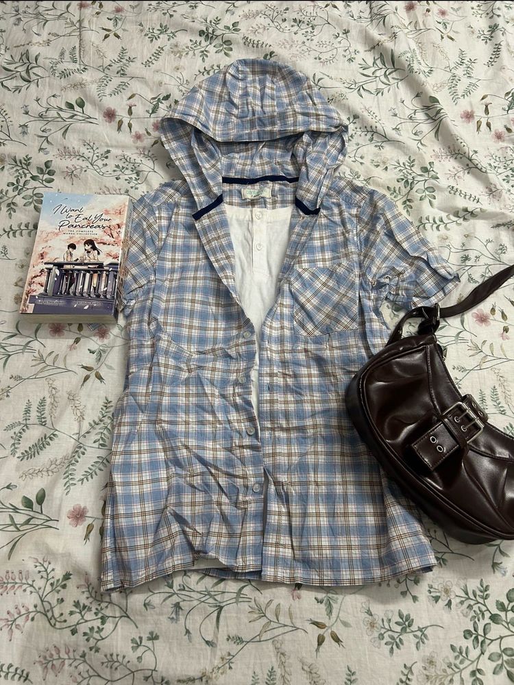 Blue Plaid Button-Up Shirt with Hood