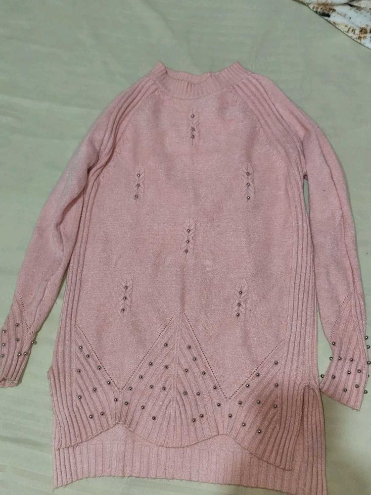 Pink Beaded Long Sleeve Sweater