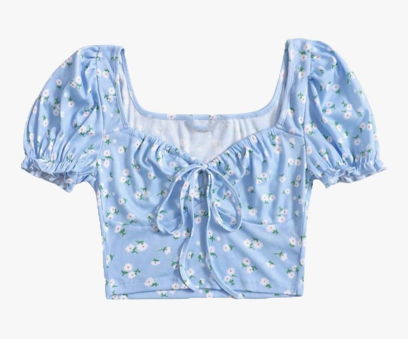 Printed Blue Puff Sleeve Tie Front Ditsy Fl