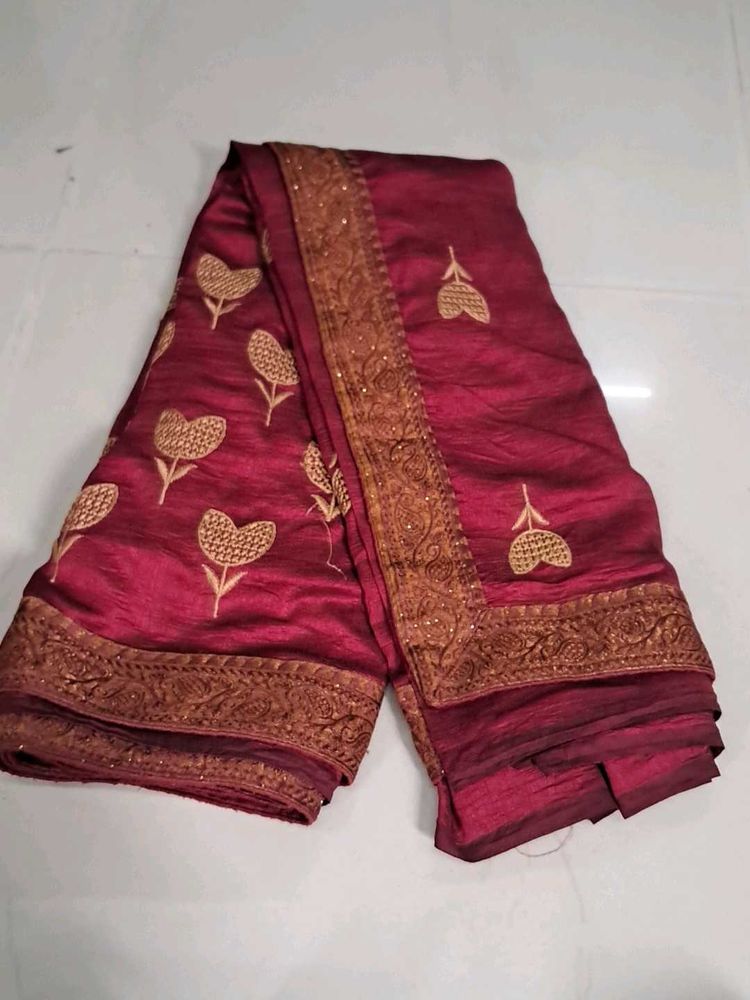 Maroon Embroidered Silk Saree