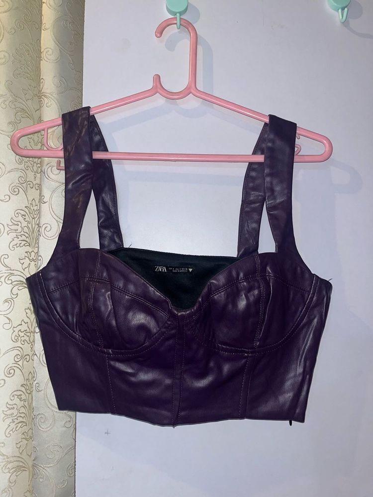 🖤 Zara Faux Leather Corset Top – Deep Plum