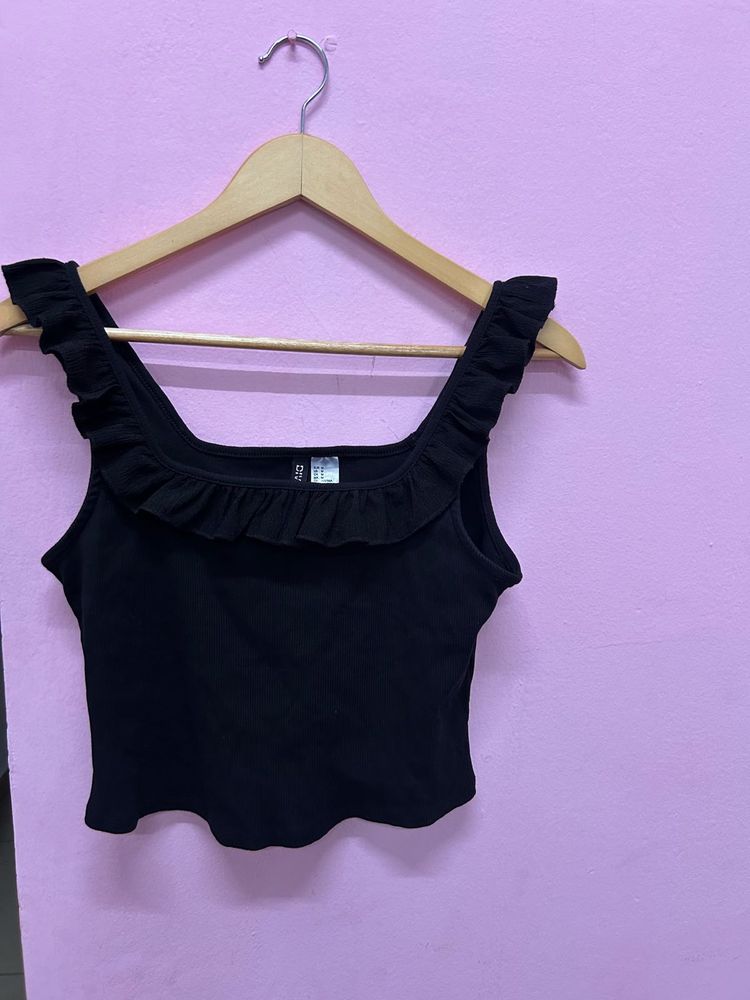 Black Ruffle Square Neck Tank Top