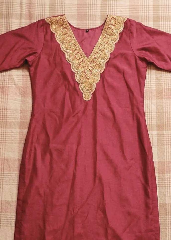 Maroon Kurta with Gold Neck Embroidery