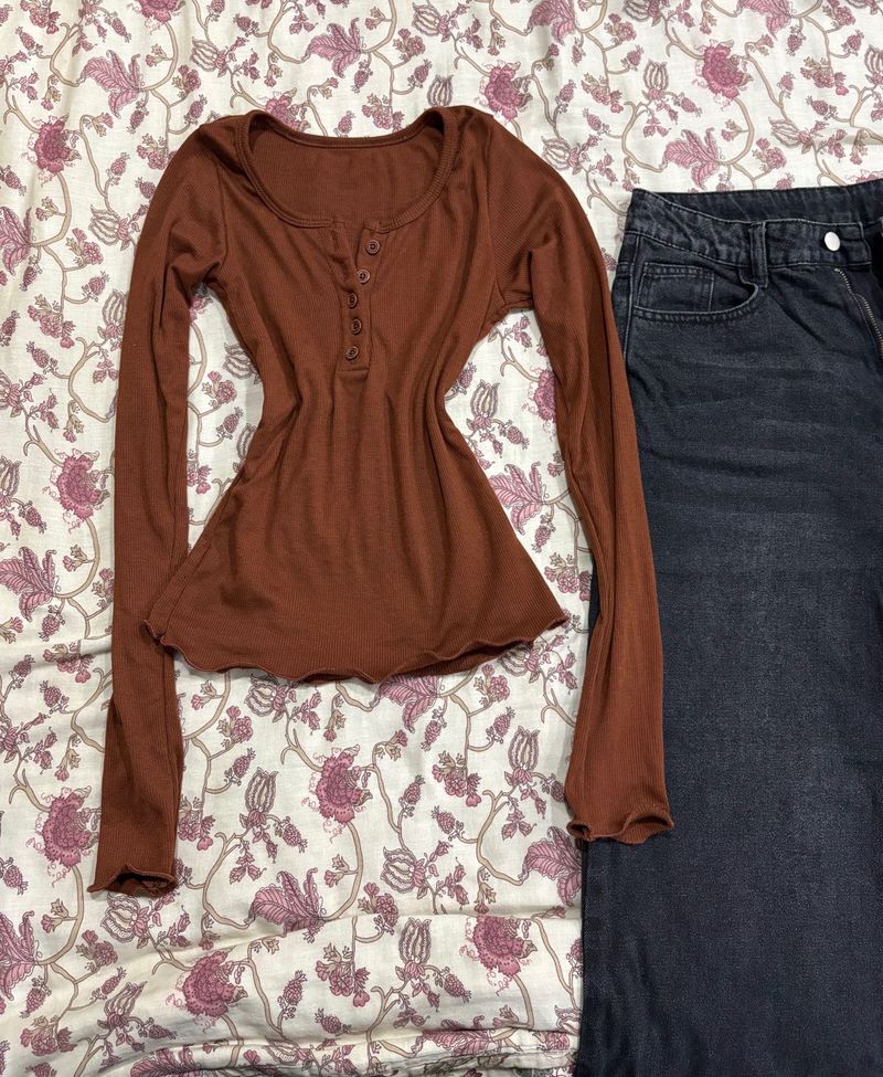 Brown Ribbed Henley Top