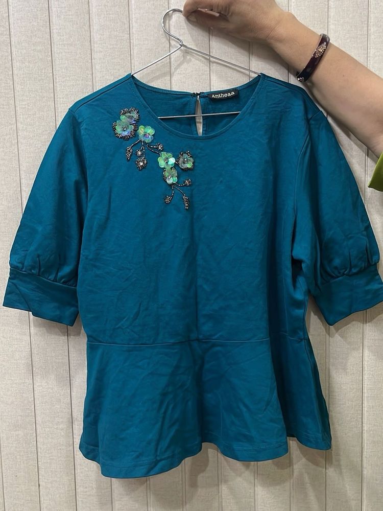 Teal Embellished Peplum Top