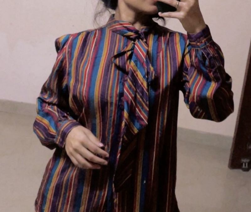 Vintage Striped Pussy Bow Blouse