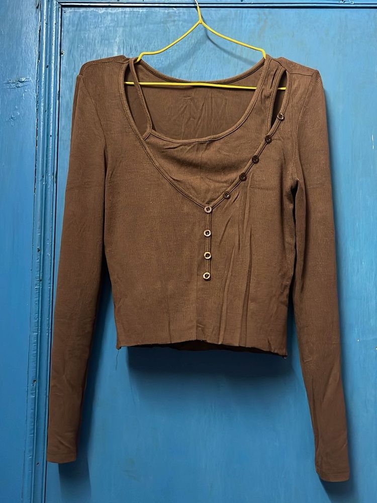 Brown Button Detail Long Sleeve Top