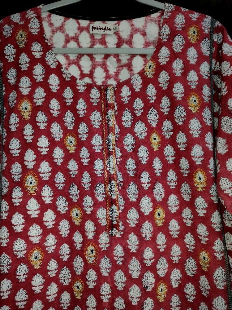 Fabindia Red &amp; White Floral Print Kurta