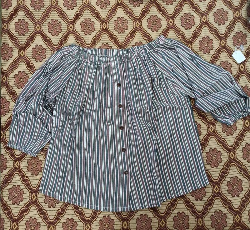 Striped Off-Shoulder Button-Up Top