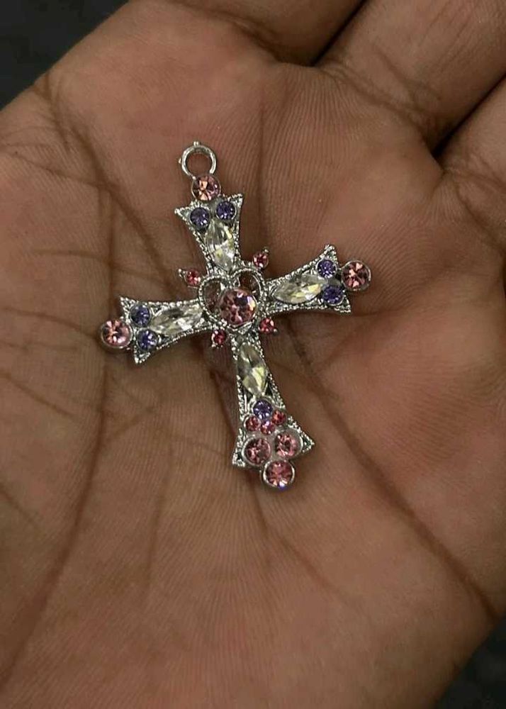 Gothic cross blue and pink gems pendant, unisex