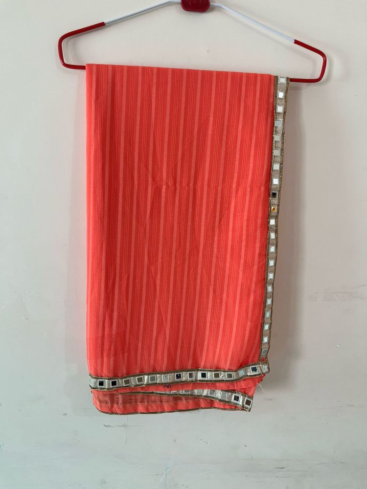 Orange Striped Saree with Mirror Work Border