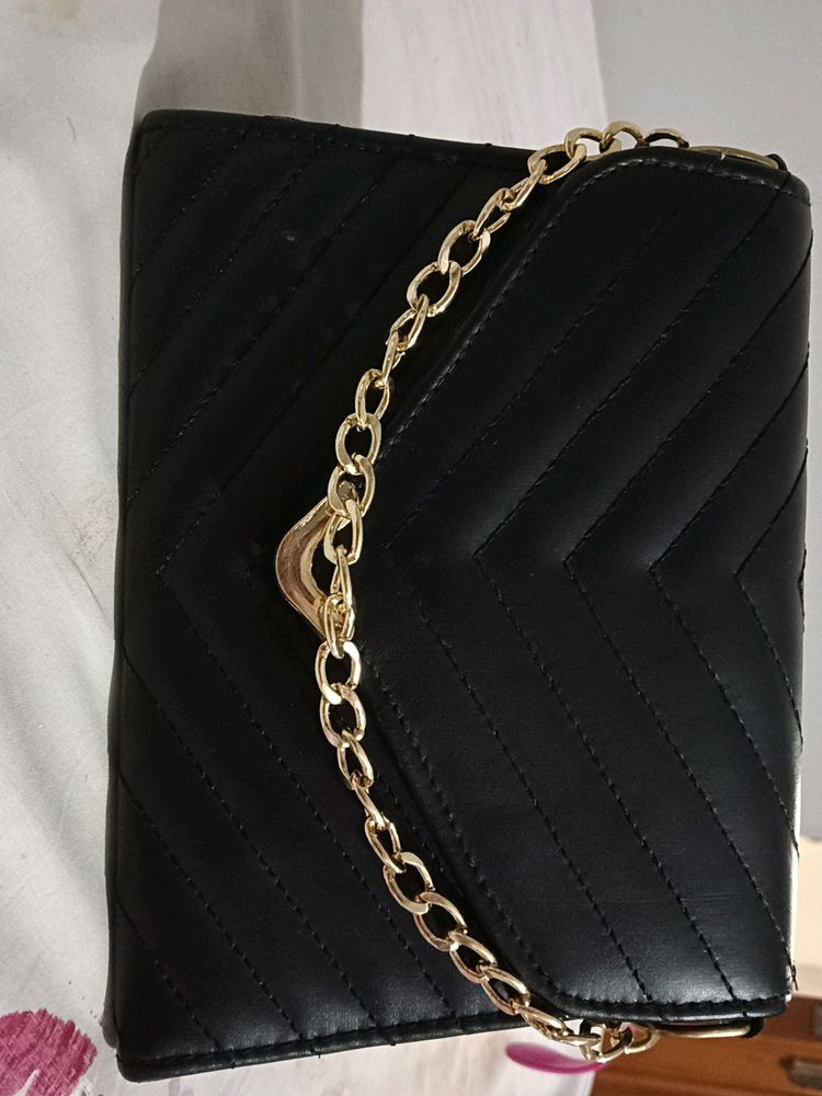 Black Purse With Gold Chain Strip Matte Finish
