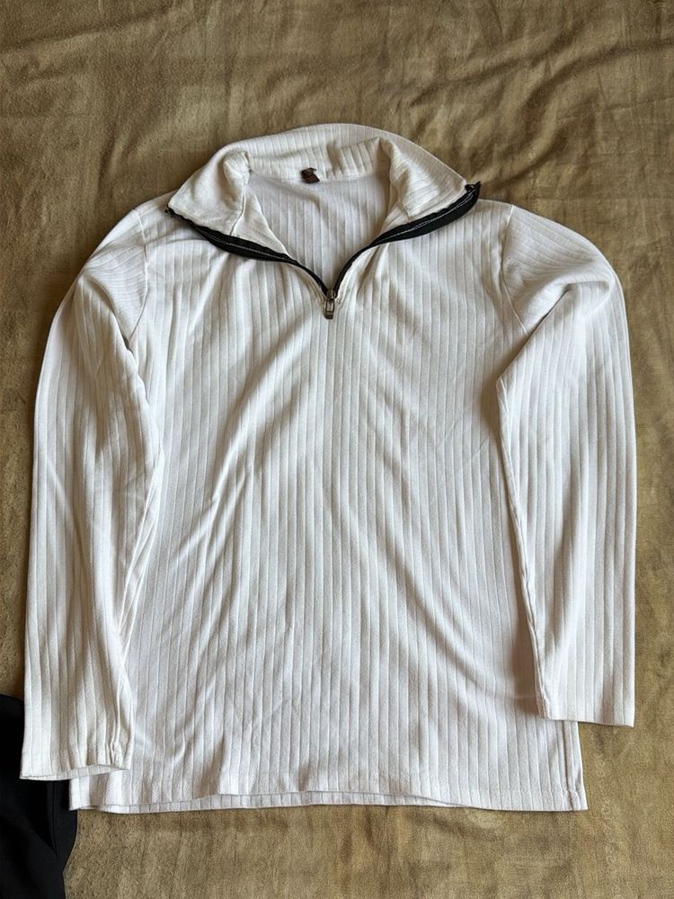 Comfortable White Ribbed Quarter-Zip Pullover