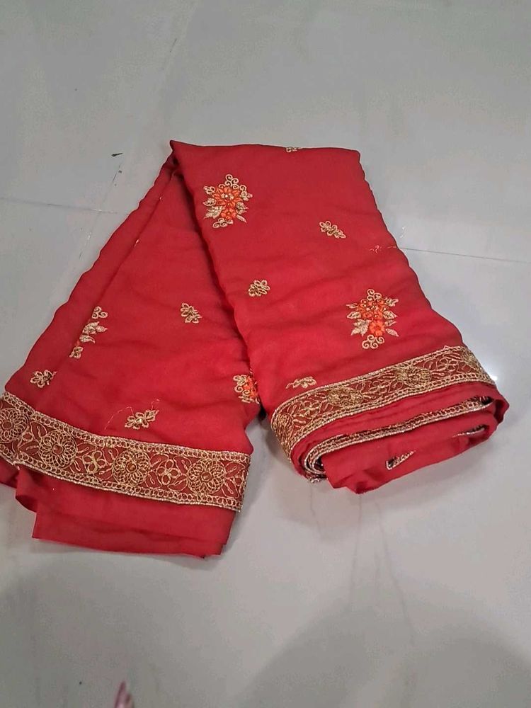 Vibrant Red Embroidered Saree