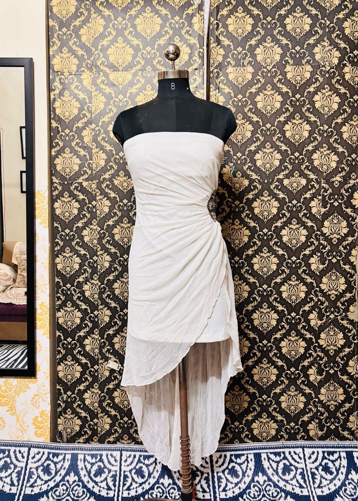 Elegant White Strapless Asymmetrical Dress