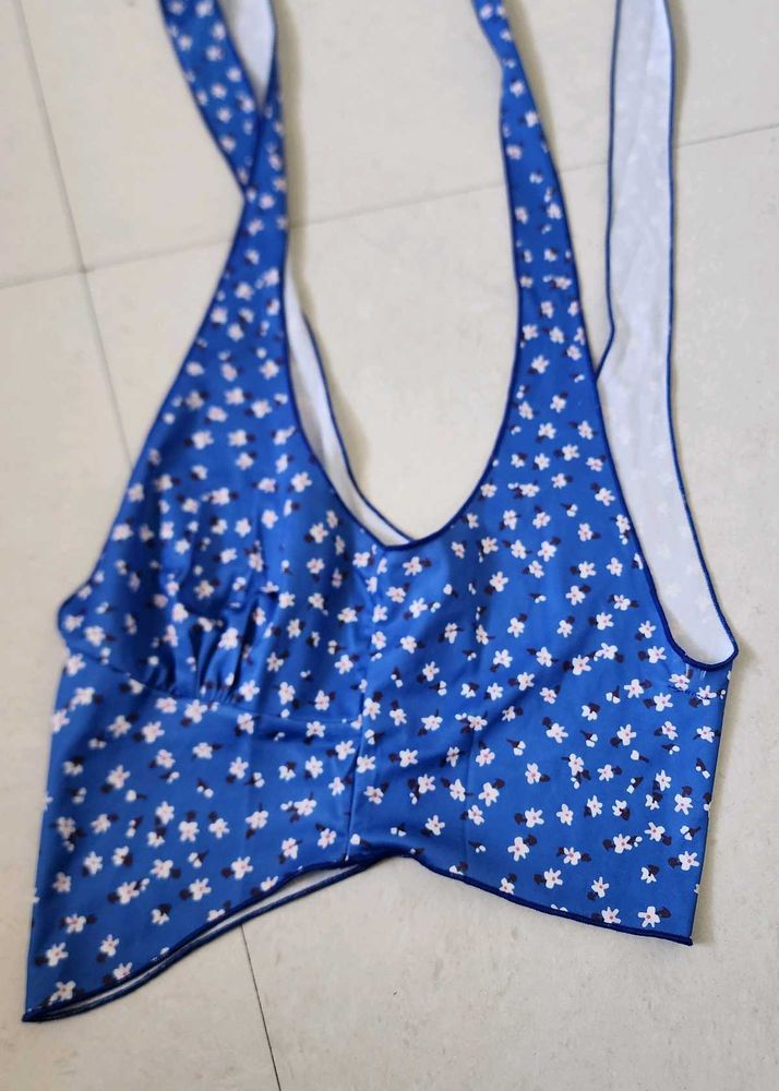 Blue Floral Print Halter Neck Top