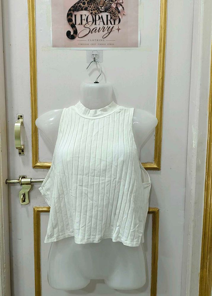 Ribbed White Sleeveless Crop Top