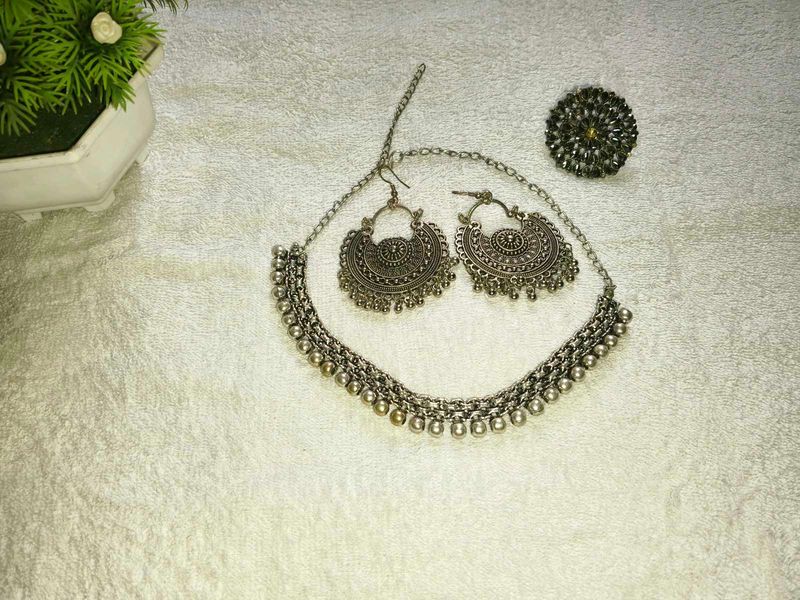Oxidised Silver Necklace Earring Ring Set