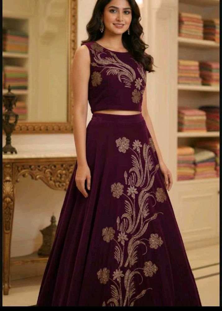 bust 40 Elegant Maroon Embroidered Lehenga Set