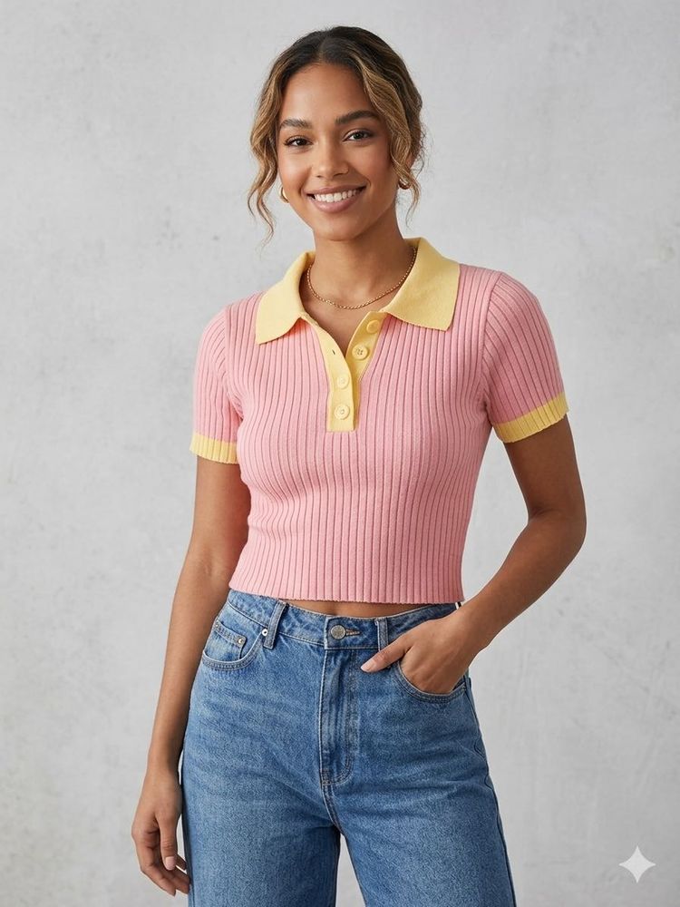 Pink &amp; Yellow Cropped Polo Shirt
