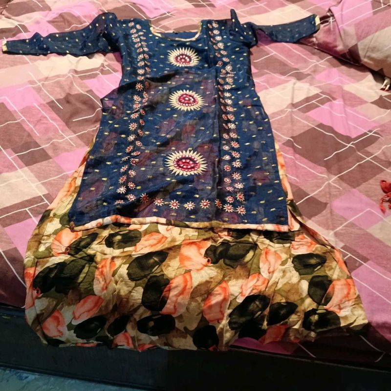 Navy Blue Kurta Set with Printed Skirt
