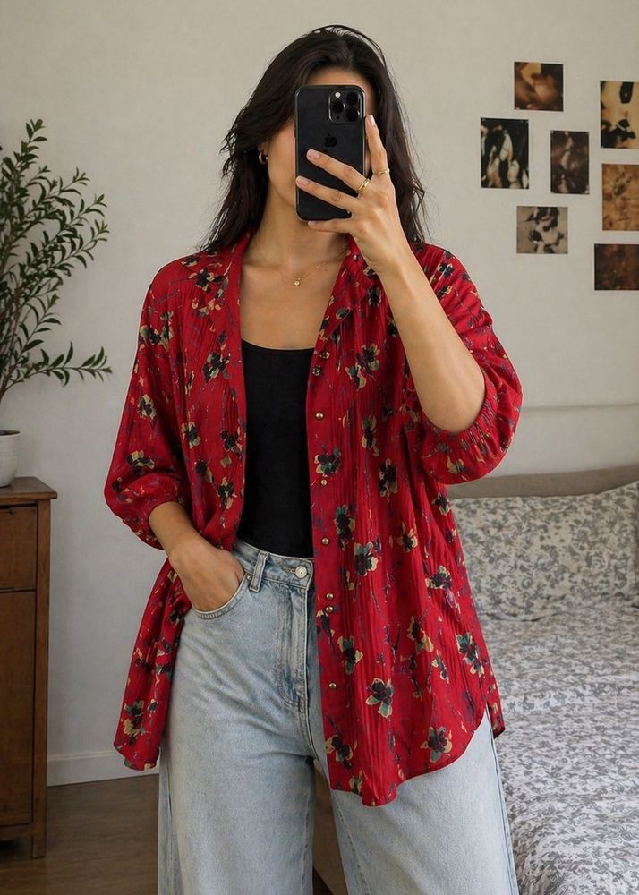 Korean Floral Shirt, Textured &amp; Oversized