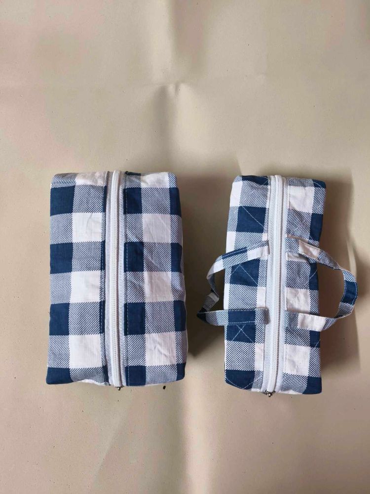 Set of 2 Blue &amp; White Gingham Pouches
