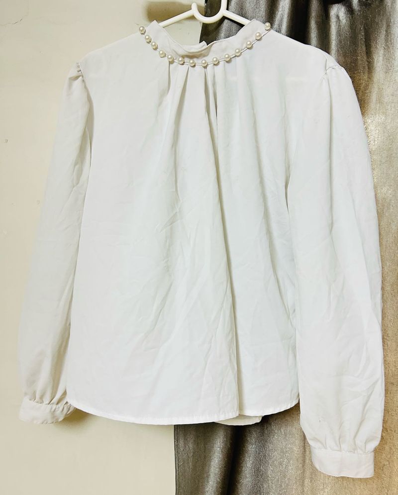 Elegant Pearl Neckline White Top