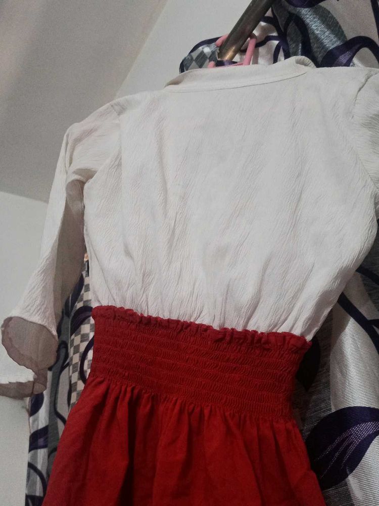 Chic White Top &amp; Red Skirt Dress