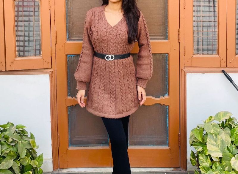 Chic Brown Knit Sweater Dress