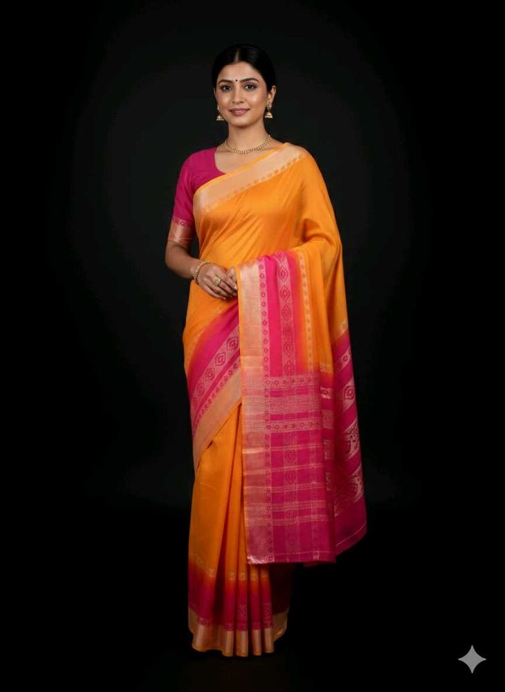 Vibrant Orange &amp; Pink Silk Saree