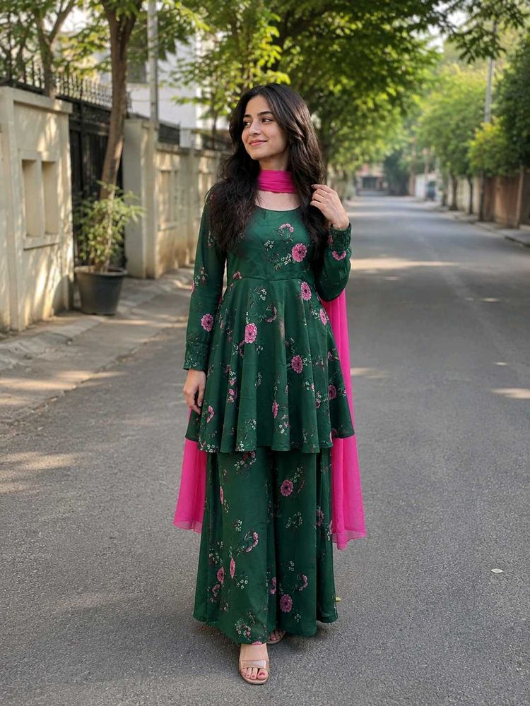 Green Floral Kurta Set with Palazzo