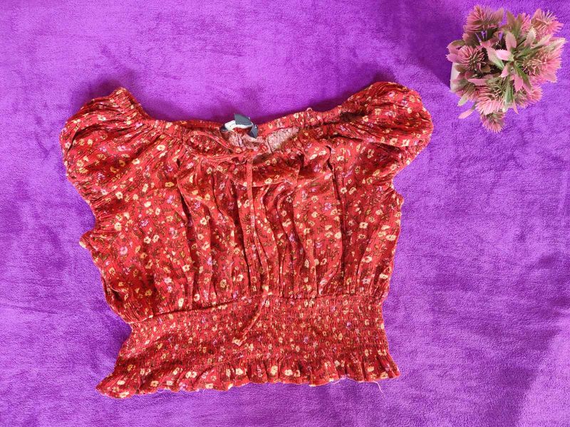 Red Off Shoulder Summer Print Top