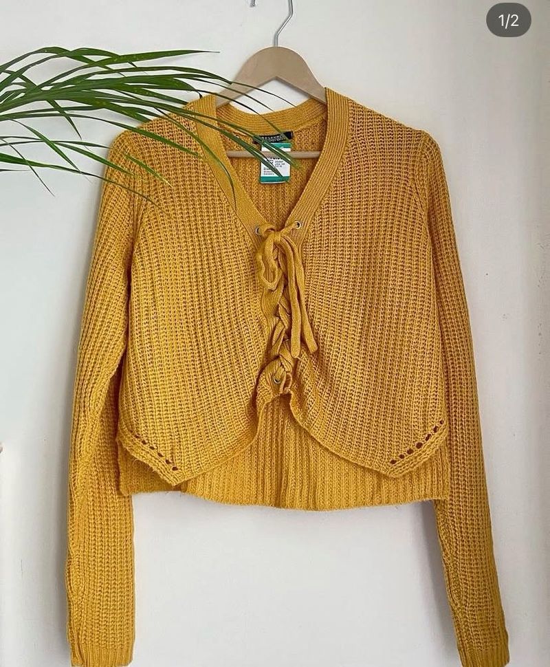 Mustard Yellow Lace-Up Knit Sweater