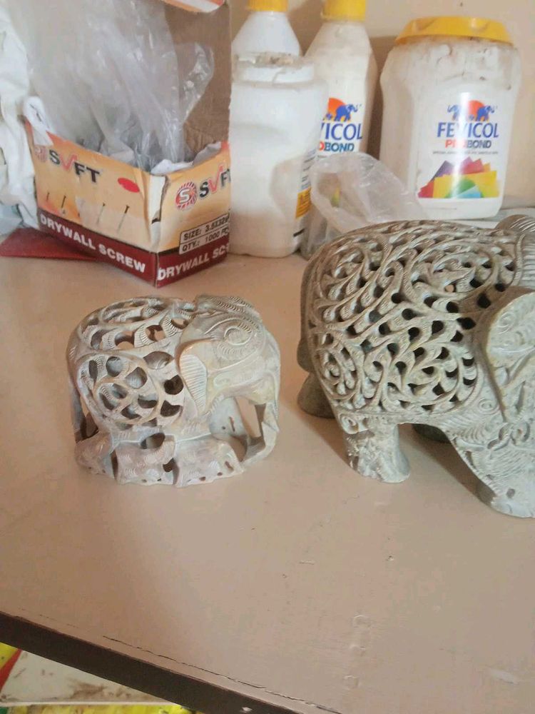 Intricately Carved Stone Elephant Set