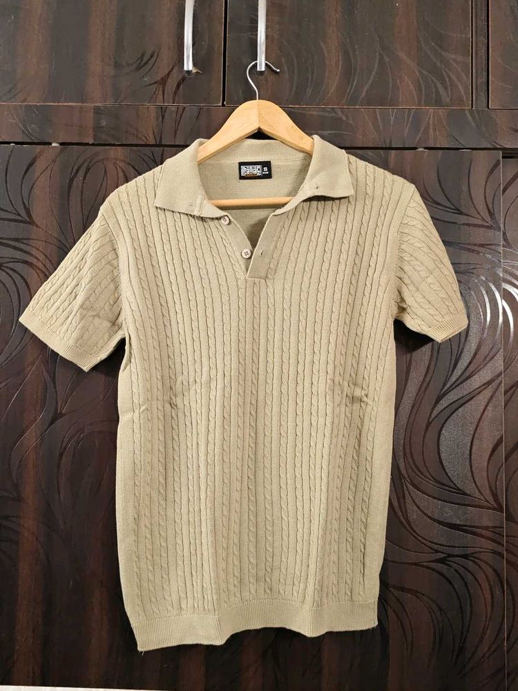 Men's Short Sleeve Cable Knit Green Polo Shirt