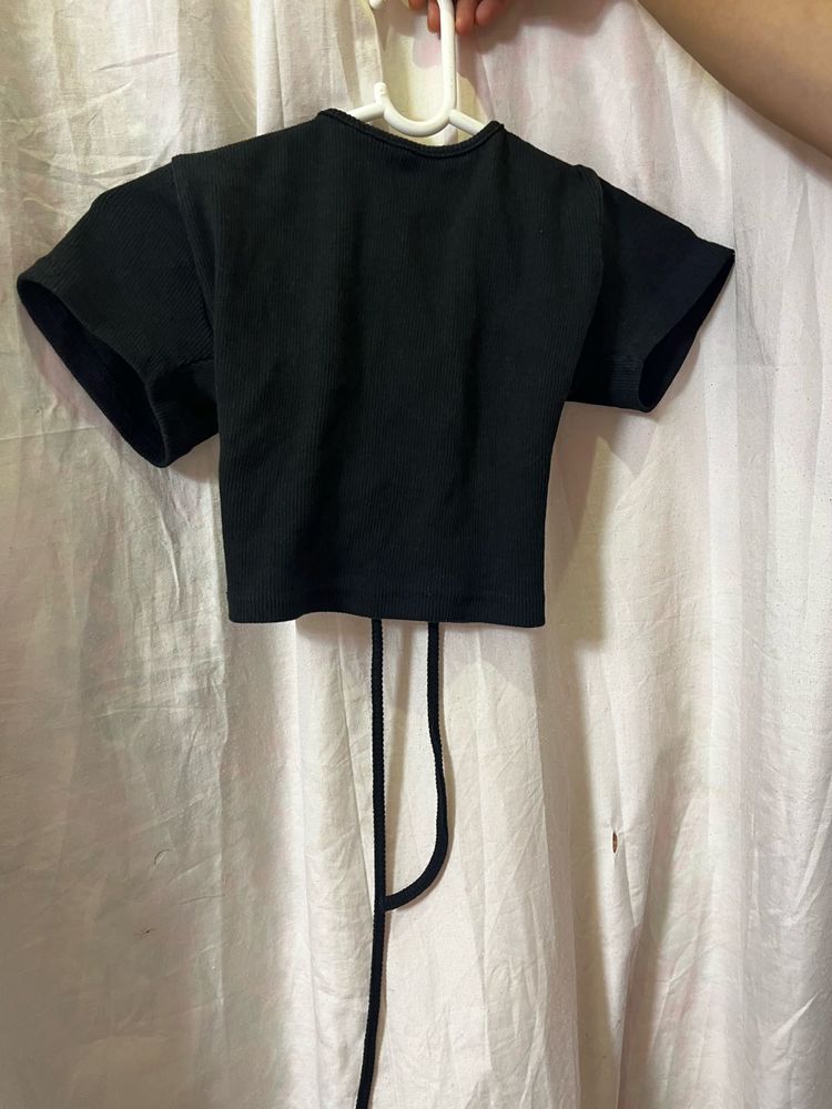 Black Ribbed Crop Top with Tie Detail