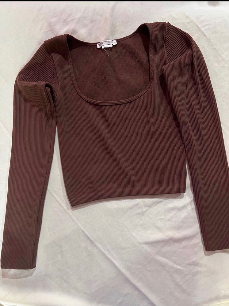 ZARA Brown Ribbed Long Sleeve Top