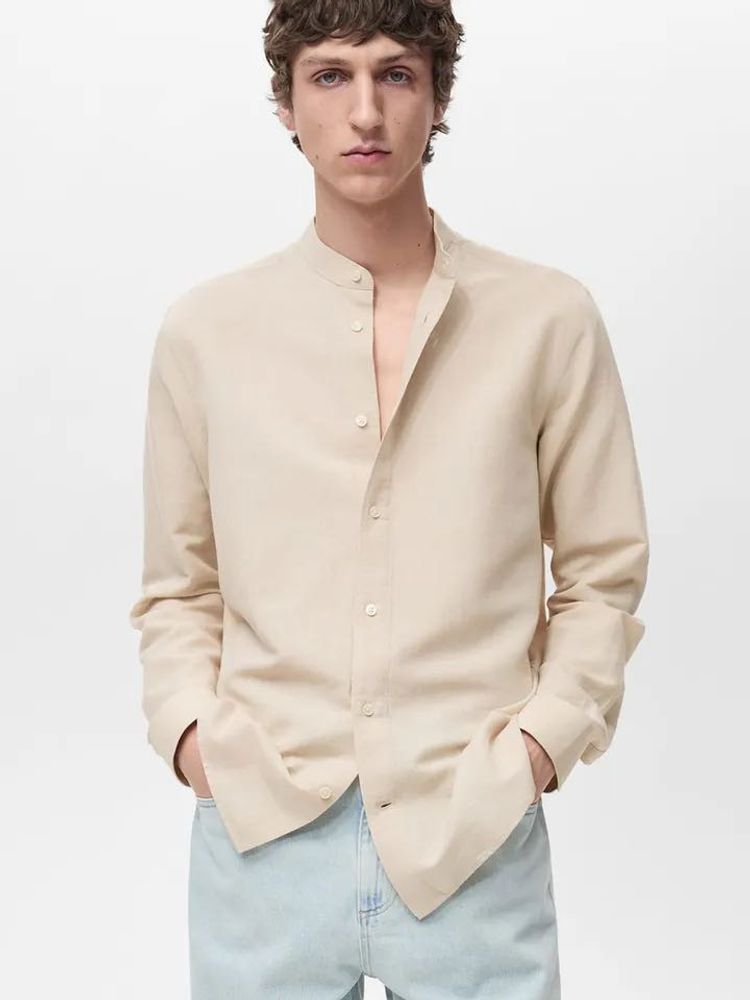 Mango Man Beige Band Collar Shirt