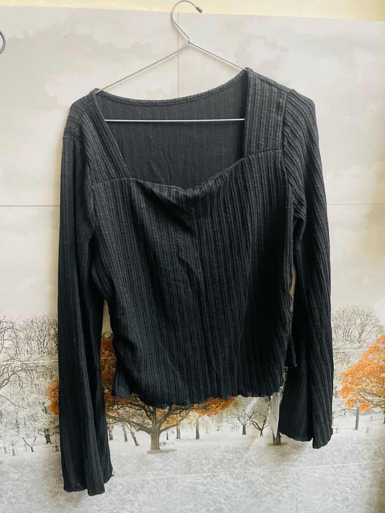 Black Ribbed Square Neck Top