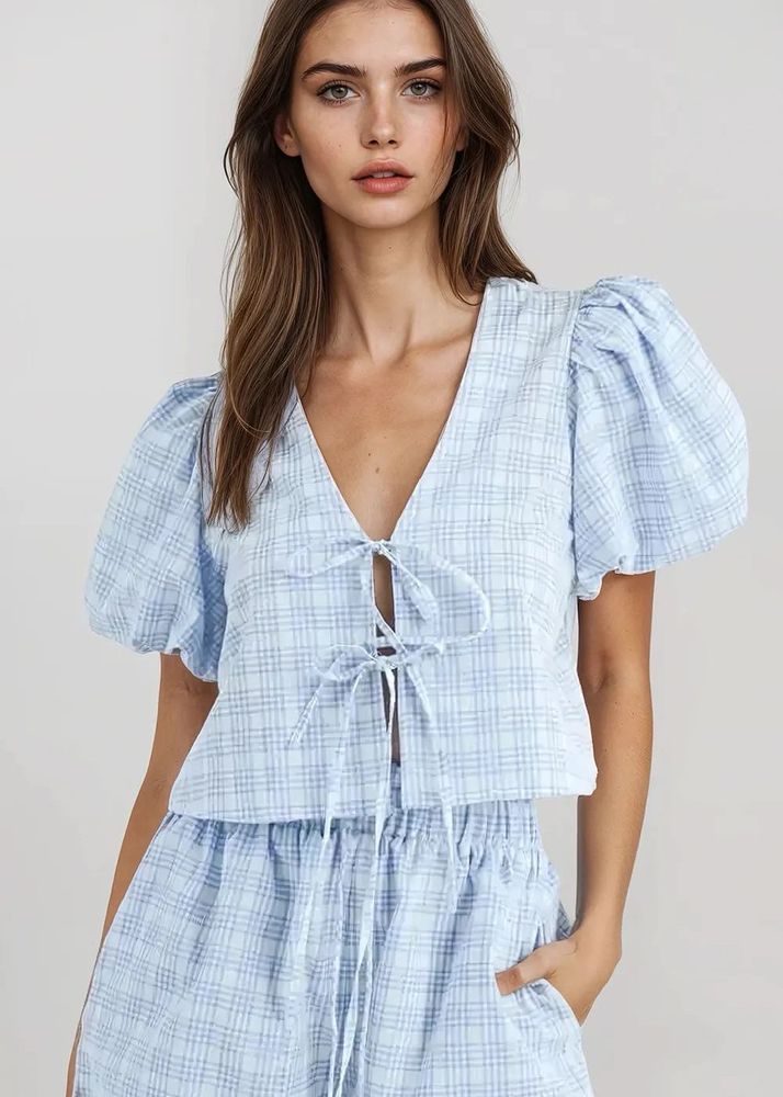 Light Blue Plaid Puff Sleeve Top