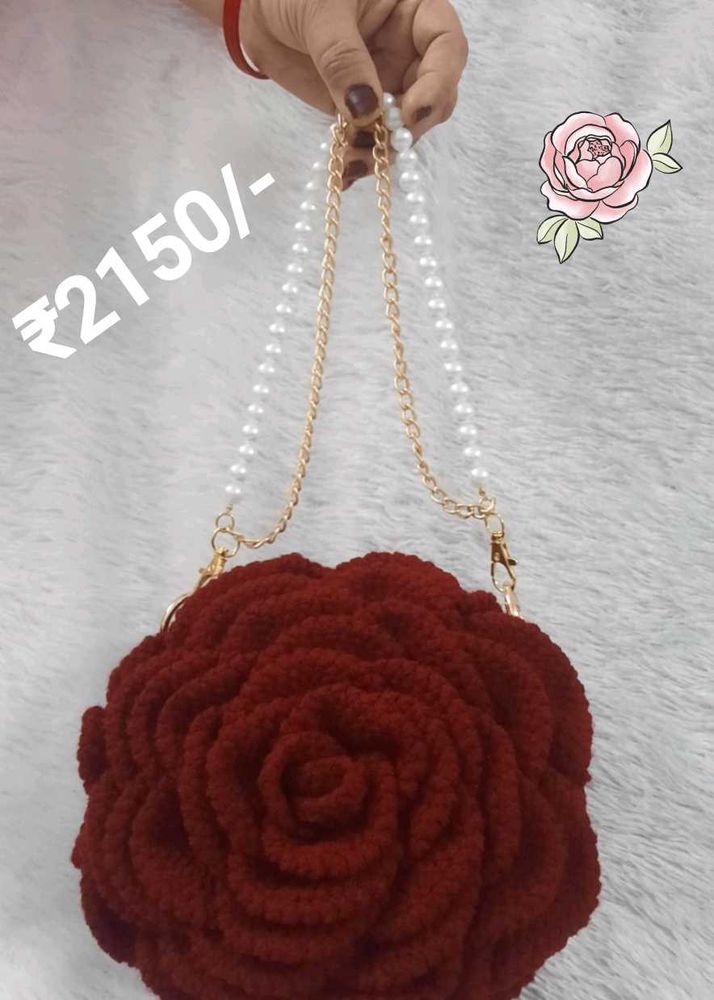 Crochet Rose Design Sling Bag with Pearl
