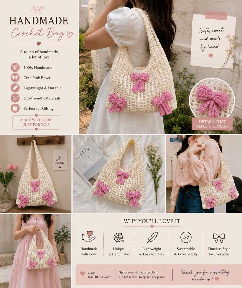Handmade Crochet Bag with Pink Bows